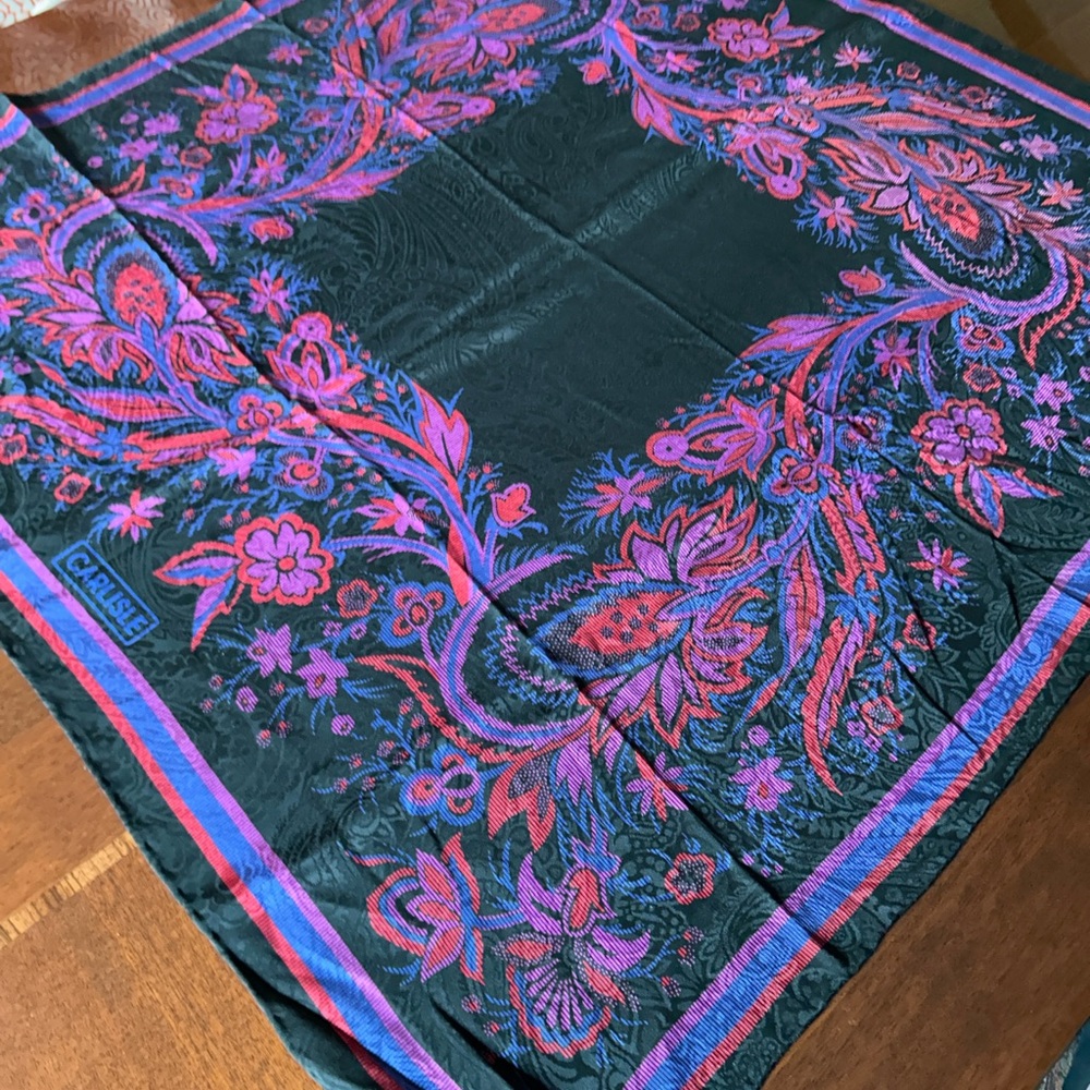 Carlisle Black Scarf with Purple and Pink Floral Accents silk 32“ x 32“ - Picture 5 of 8